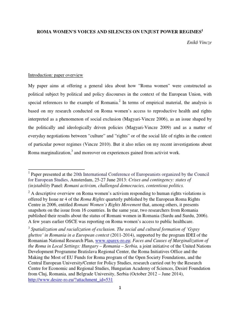 Roma Women'S Voices and Silences On Unjust Power Regimes Enikő Vincze