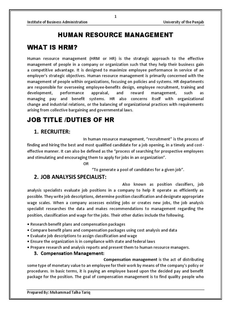 HUMAN RESOURCE MANAGEMENT Notes PDF PDF Human Resource Management