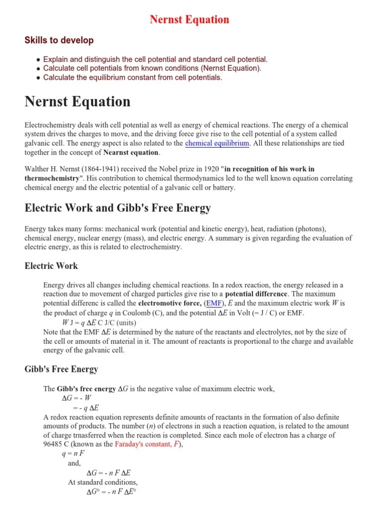 Nernst Equation PDF Chemical Equilibrium Gibbs Free Energy