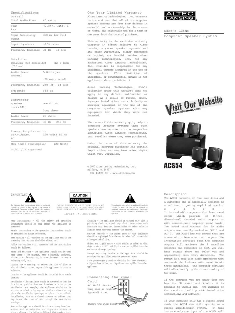 Altec Lansing ACS54 4.1 Speaker System AC Speaker User's Guide