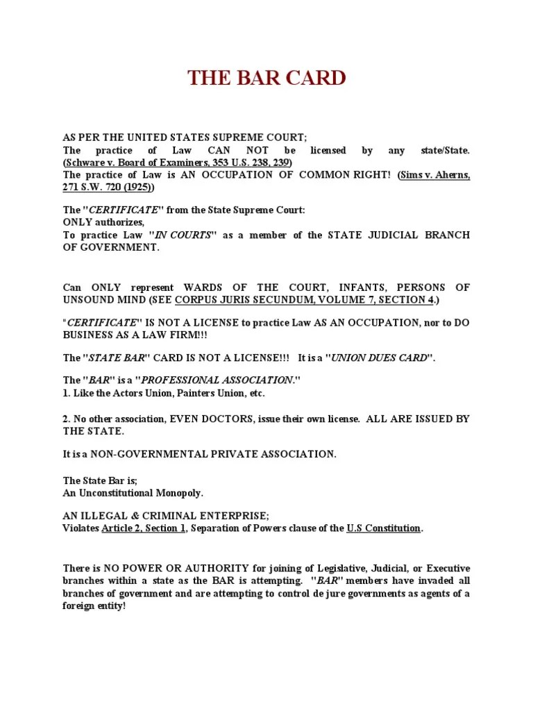 The Bar Card "Certificate" Is Not A License To Practice Law As An