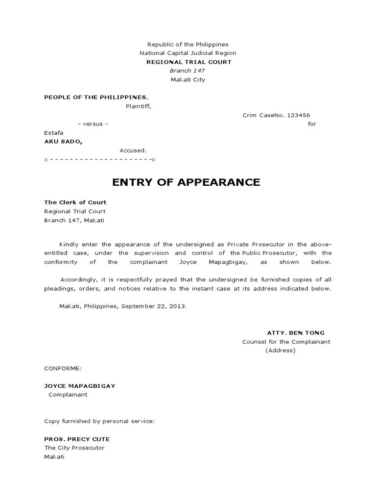 Sample Entry of Appearance PDF Plaintiff Constitutional Law