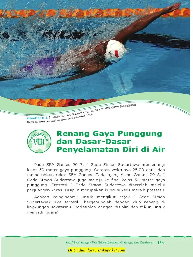 BAB VIII Renang Gaya Punggung Dan Dasar-Dasar Penyelamatan Diri Di Air PDF  | PDF