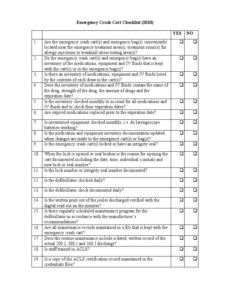 Emergency Crash Cart Checklist (2010) Yes No PDF Health Sciences