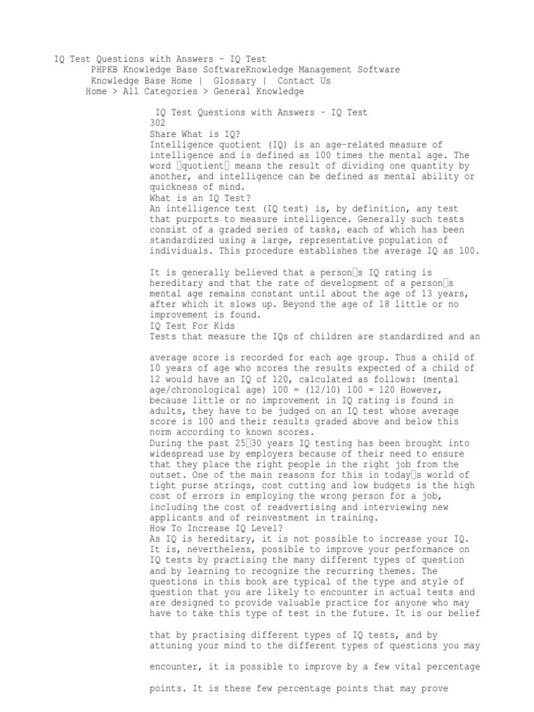 IQ Test Questions with Answers IQ Test Intelligence Quotient Test