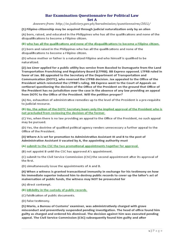 Political Law Bar Exam Questions Answers 2011 MCQ Bar Questionnaire