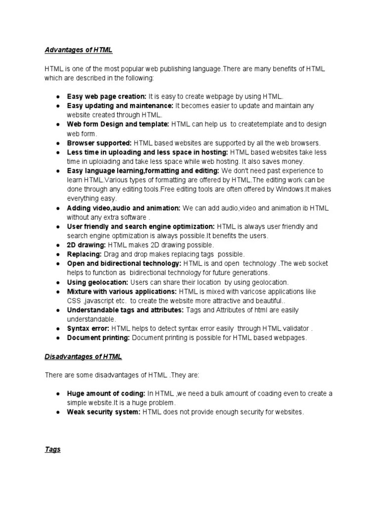 HTML Advantage and Disadvantage PDF Html Html Element