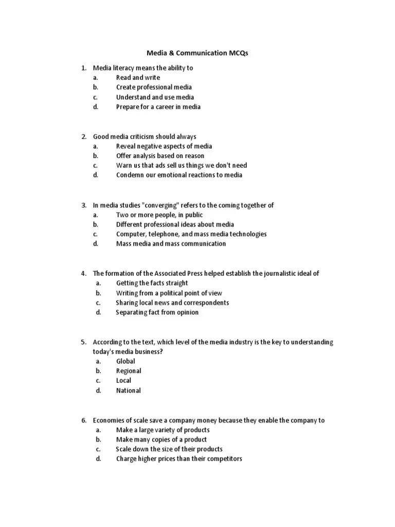 Media MCQs PDF PDF News Mass Media