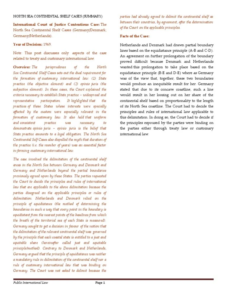 North Sea Continental Shelf Case Summary PDF Treaty International Law
