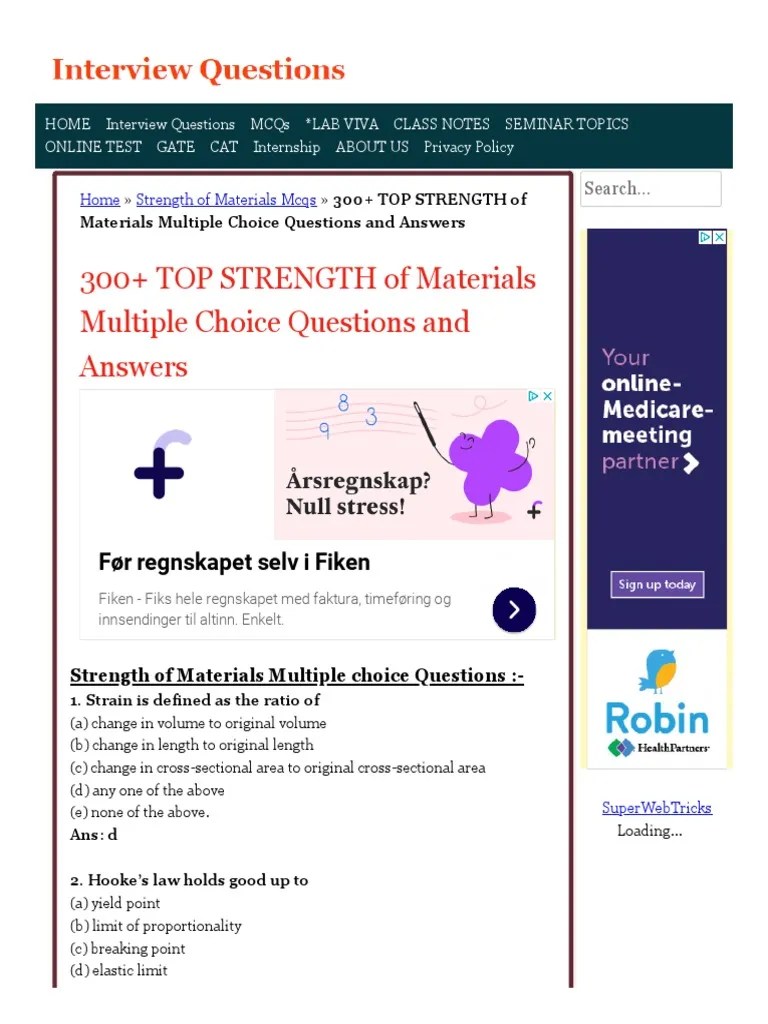 Engineeringinterviewquestions Com Strength of Materials Mechanical