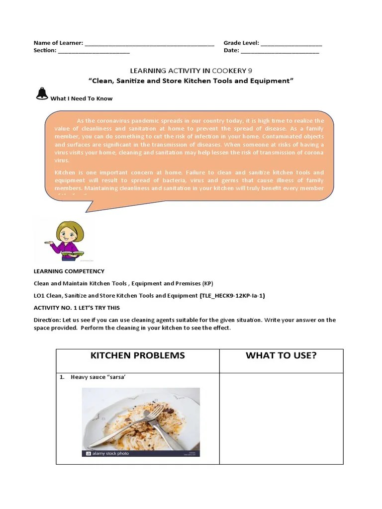 Cookery 9 (Clean, Sanitize and Store Kitchen Tools and Equipment) PDF Chemistry Materials