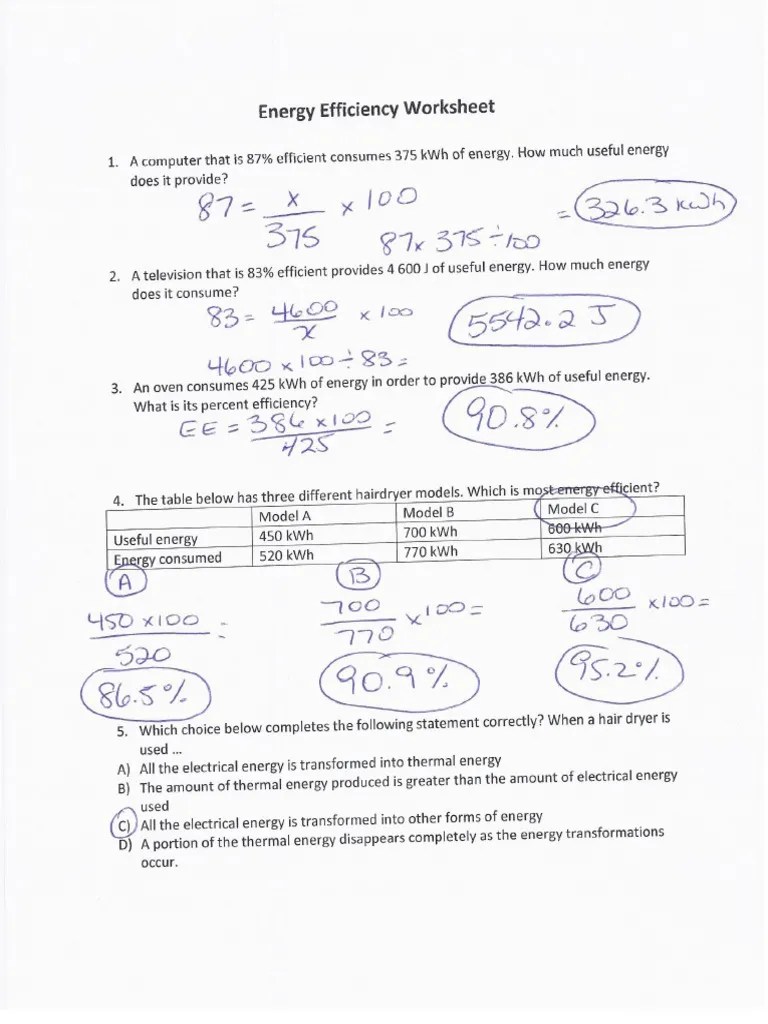 Energy Efficient Worksheet Answers PDF