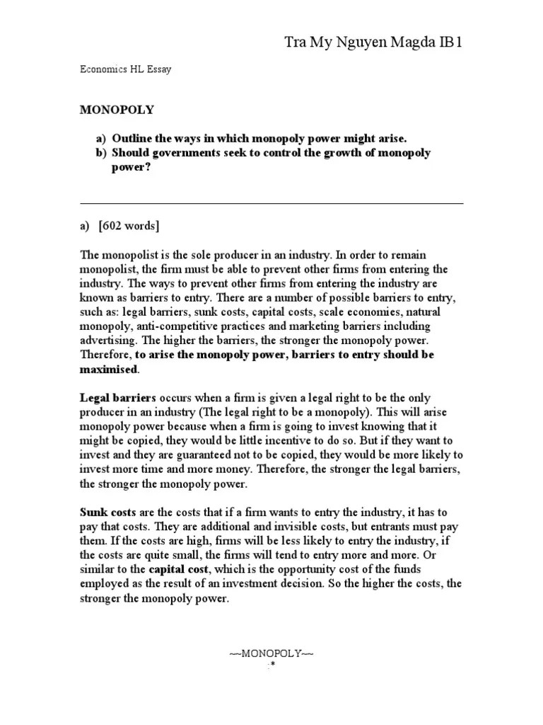 Economics IB Monopoly Essay Monopoly Economies Of Scale