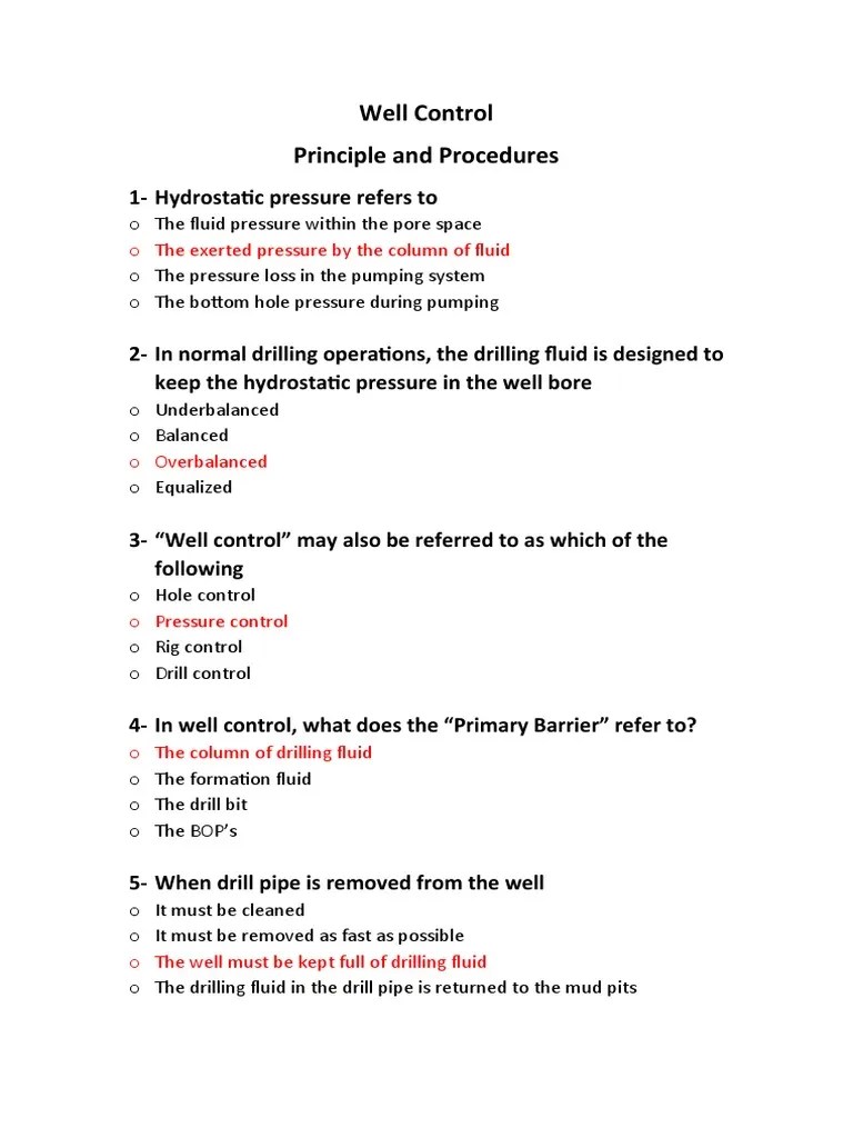 Well Control Principles & Procedures Model Answer | PDF