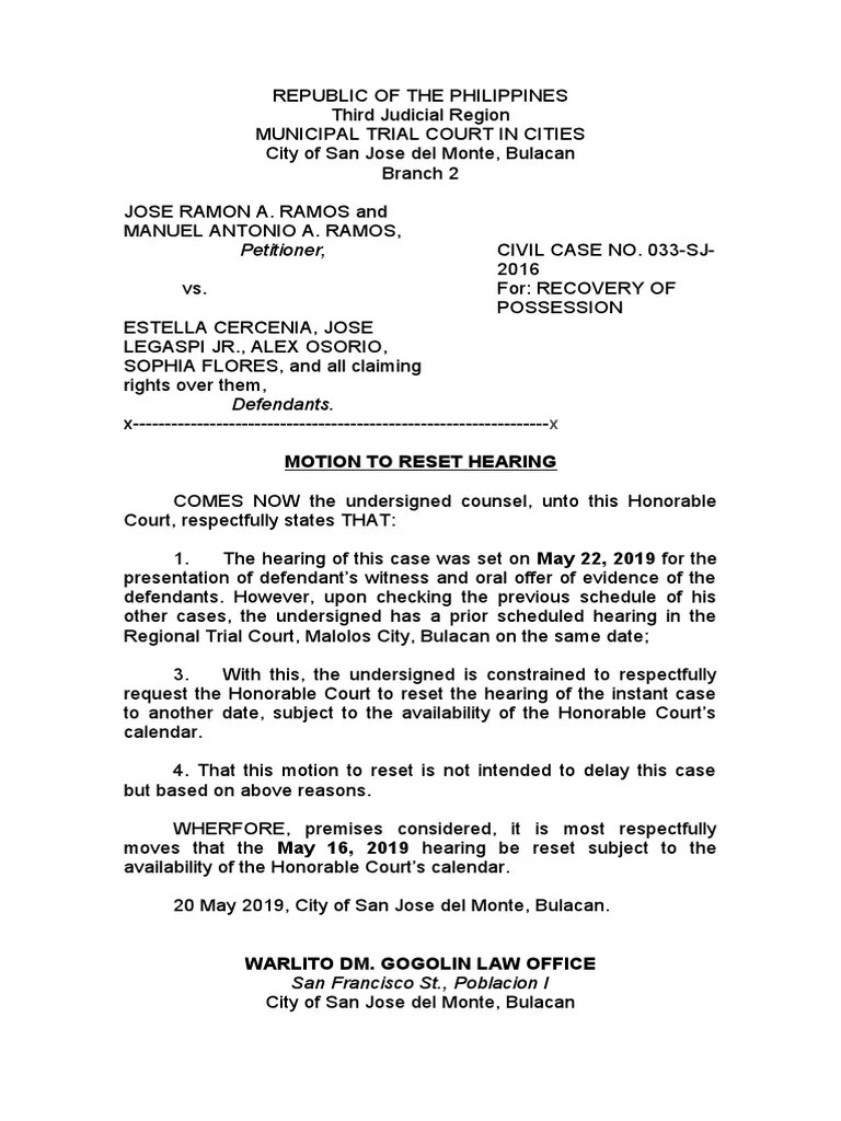 Motion To Reset Hearing PDF Courts Public Law