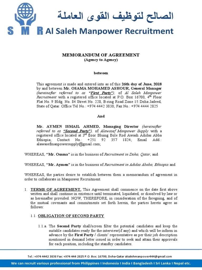 MEMORANDUM OF AGREEMENT (Alawasef Manpower Supply | PDF | Travel 