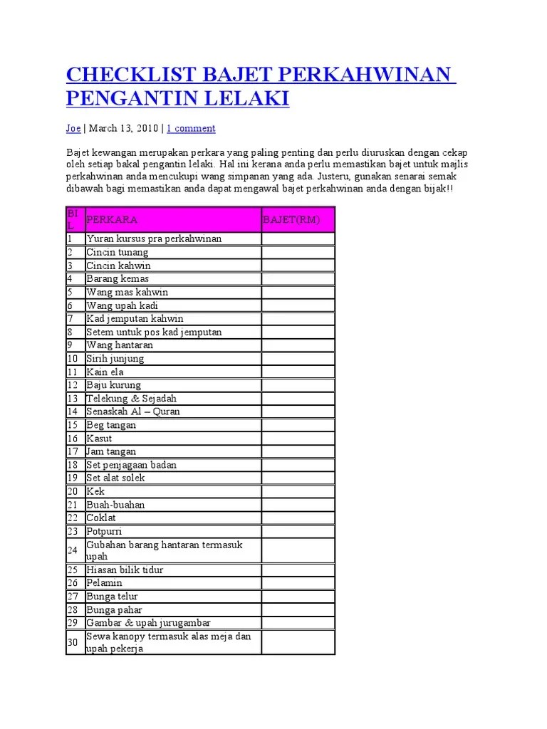 CHECKLIST BAJET PERKAHWINAn