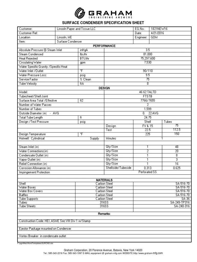 Surface Condenser Specification Sheet Design PDF Energy Technology Mechanical Engineering