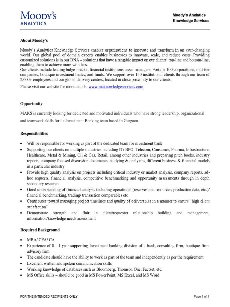 Job Description Moody's Analytics PDF Analytics Investment Banking