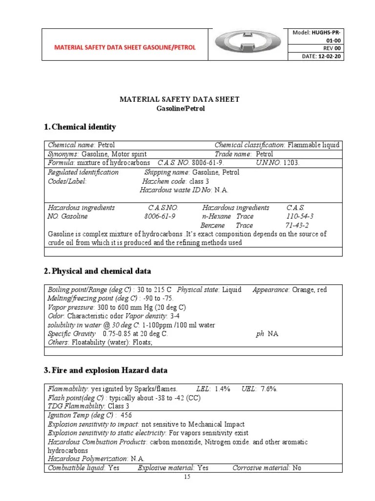 Chemical Identity Material Safety Data Sheet Gasoline/Petrol