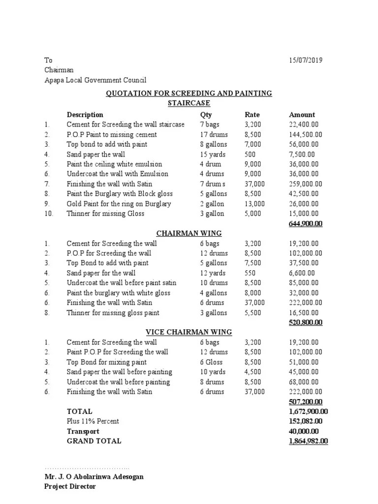 Quotation For Screeding 3 | PDF | Paint | Architectural Elements