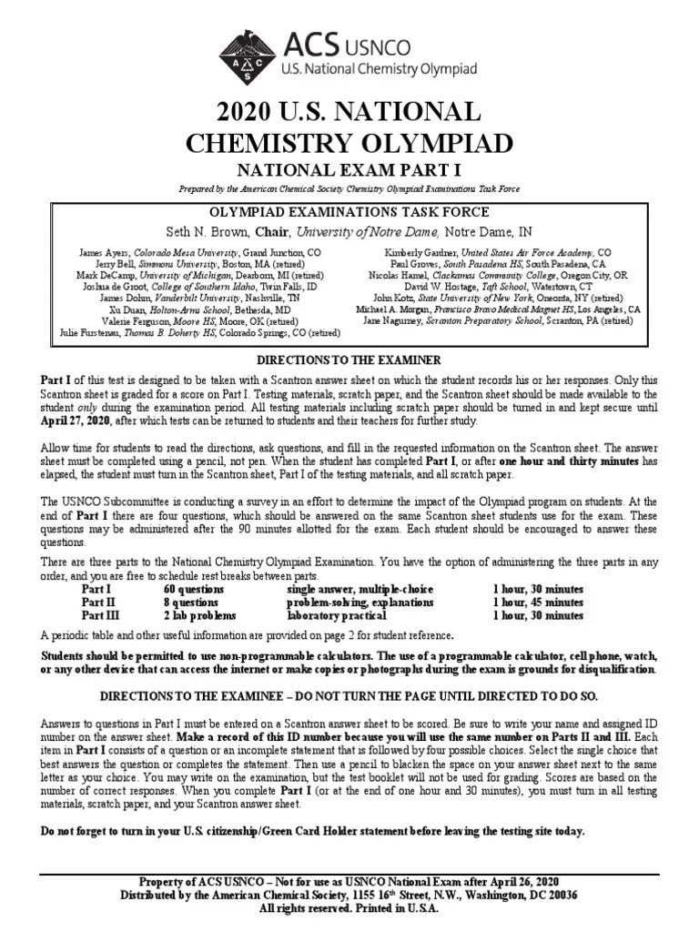 2020 Usnco Exam Part I PDF Chlorine Nitric Acid