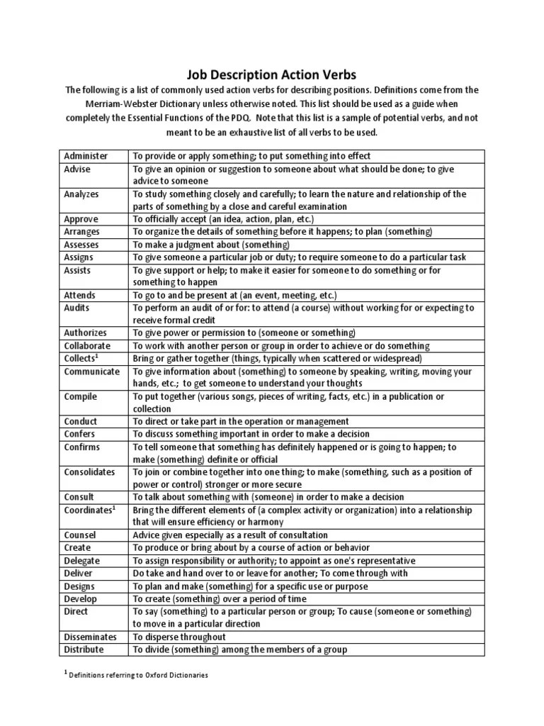 Job Description Action Verbs Definitions Referring To Oxford