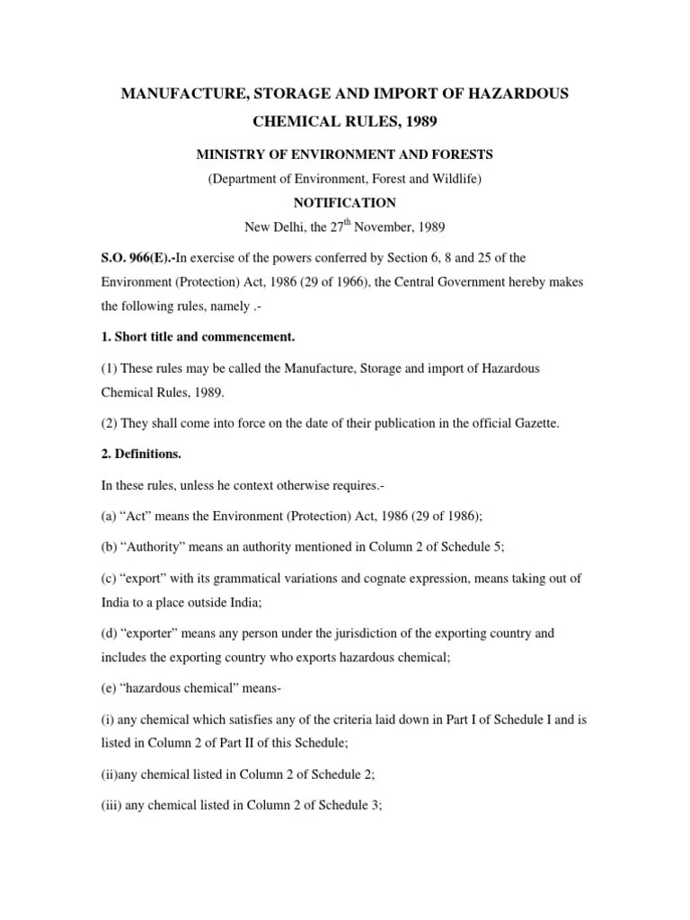 Manufacture, Storage and Import of Hazardous Chemical Rules, 1989