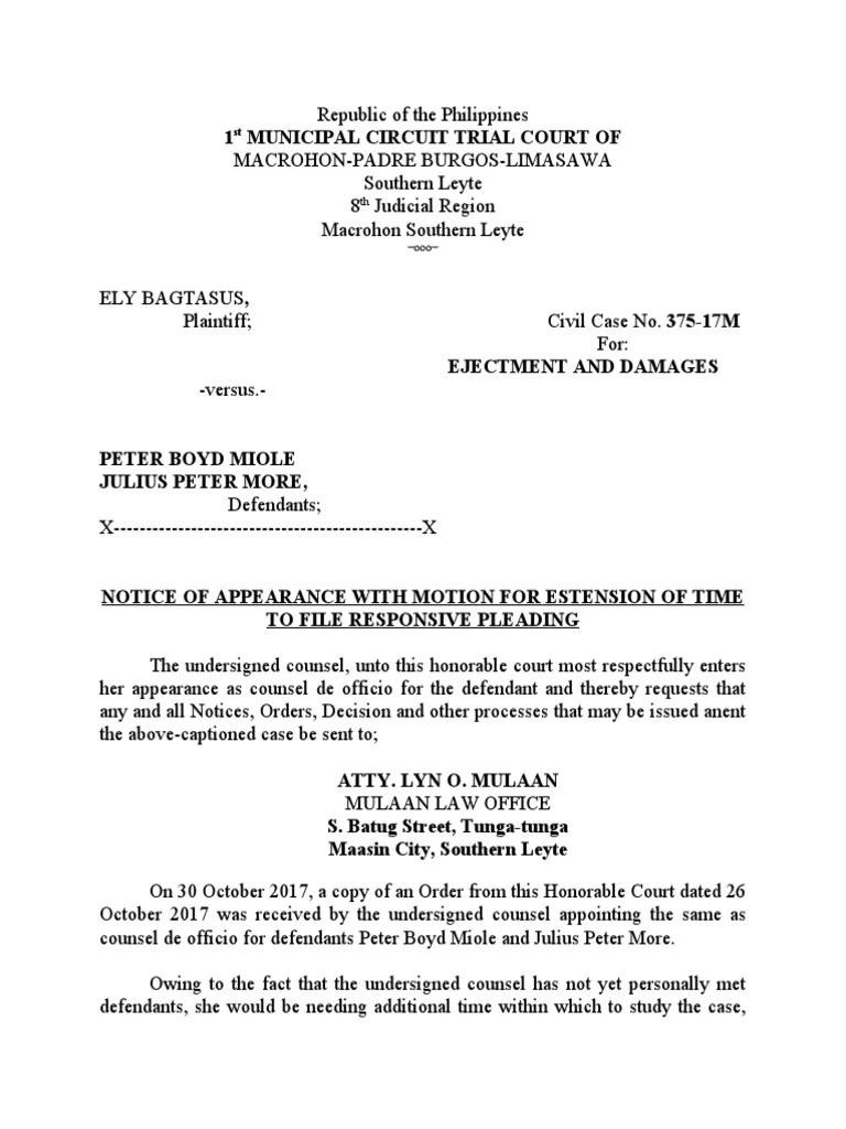 Entry of Appearance With Motion For Extension PDF Pleading Courts