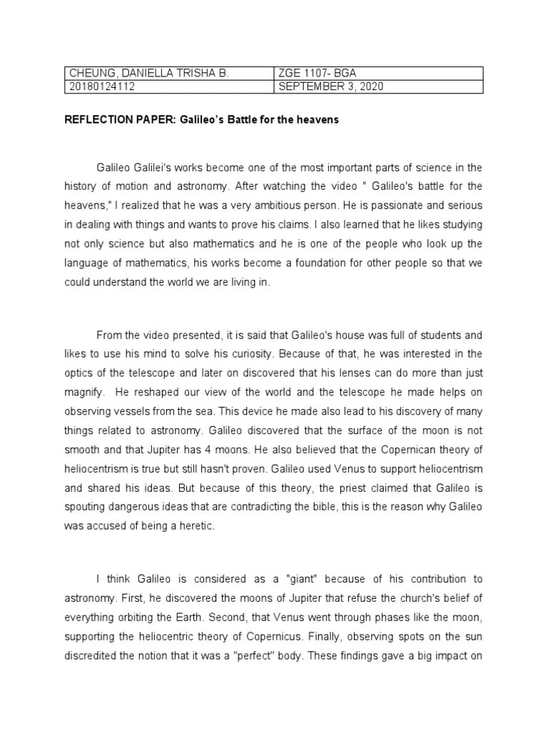 REFLECTION PAPER Galileo’s Battle for the heavens Galileo Galilei Heliocentrism