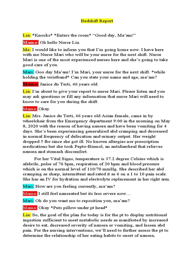 Script Bedside Shift Report PDF Nausea Clinical Medicine