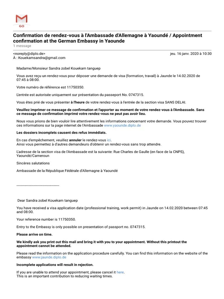 Confirmation de RendezVous À L'ambassade D'allemagne À Yaoundé
