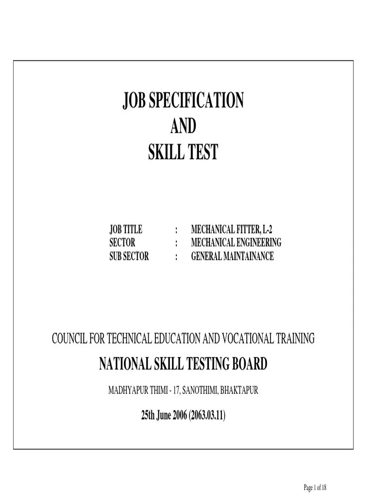 Mechanical Fitter Level 2 Job Specification and Skill Assessment PDF