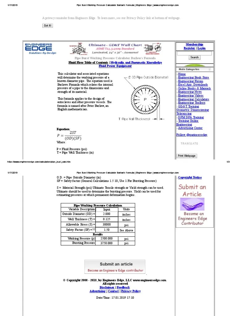 Pipe Working Pressure Barlow's Formula PDF Strength Of Materials