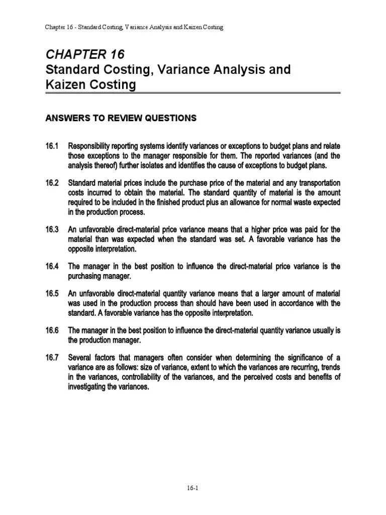 Standard Costing, Variance Analysis and Kaizen Costing Answers To