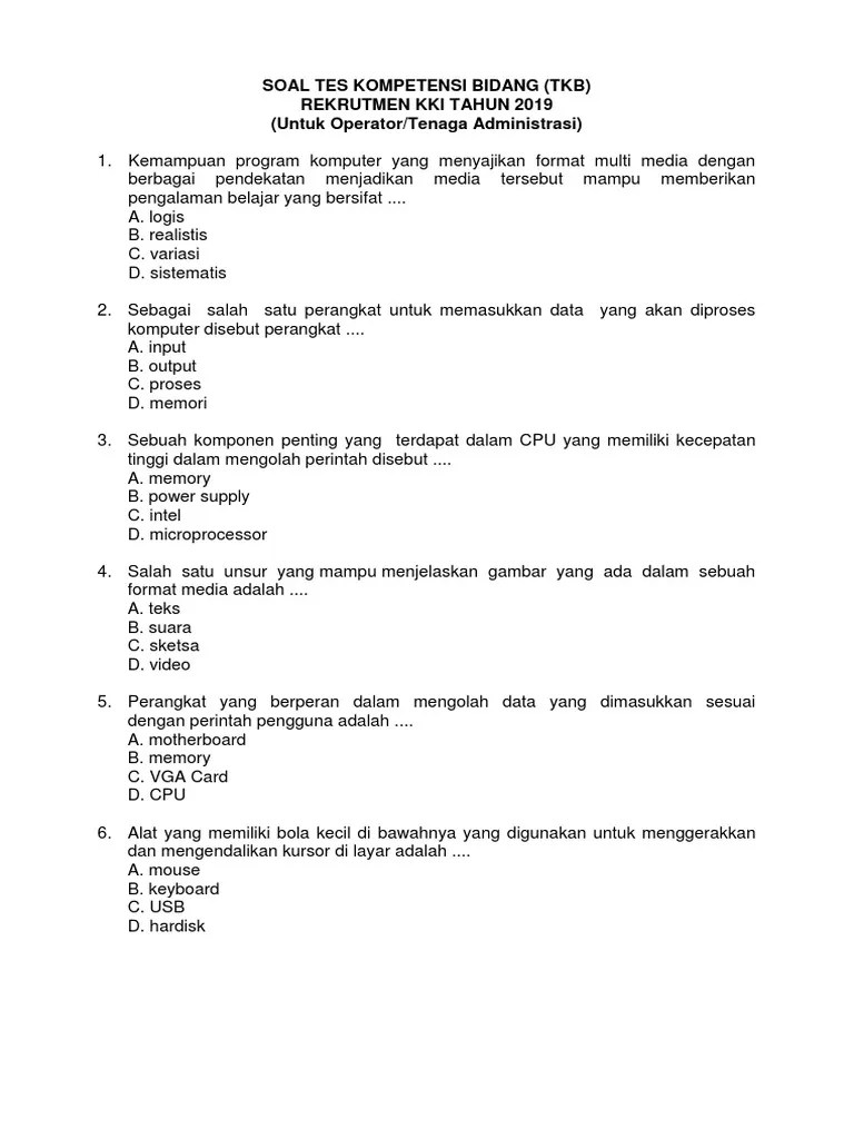 Soal Tes Tenaga Administrasi Sekolah Rindu Sekolah