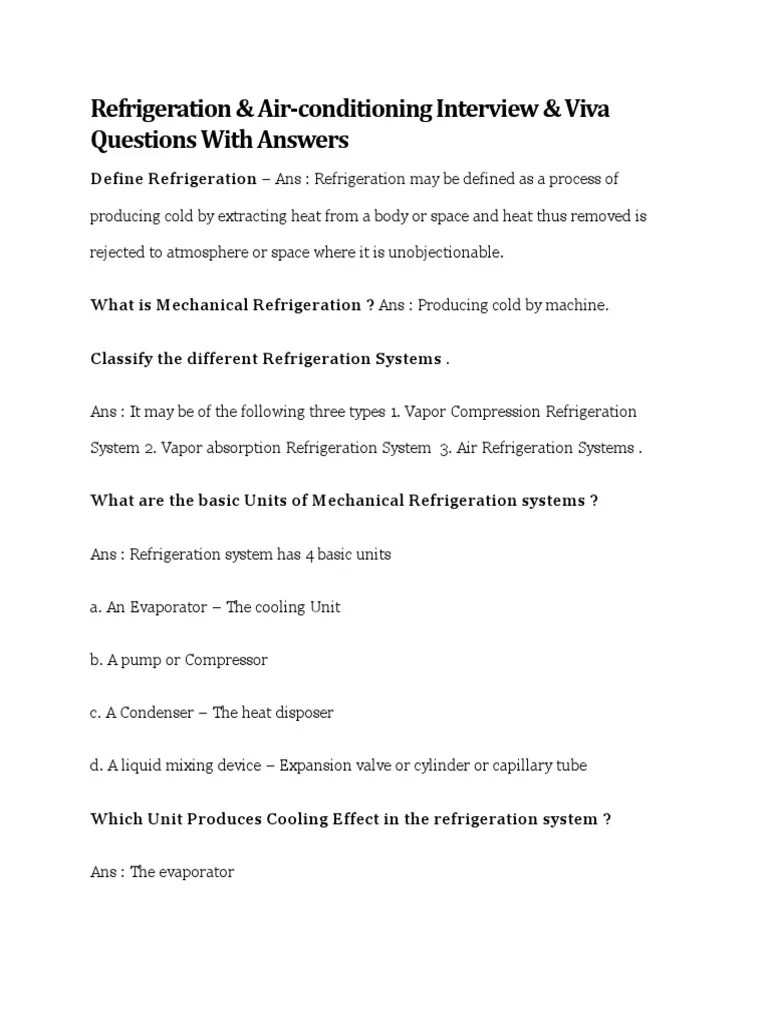 Refrigeration & AirConditioning Interview & Viva Questions With