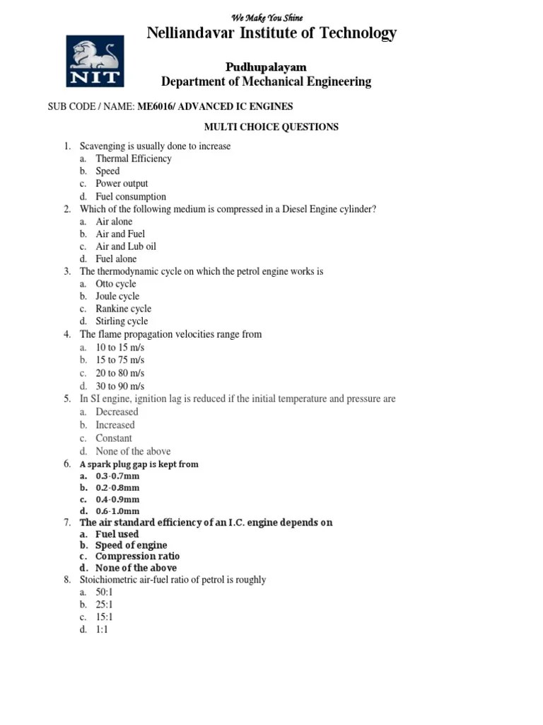 MCQ Aic PDF Internal Combustion Engine Fuel Injection