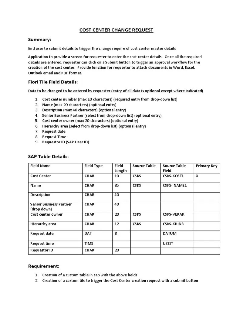 Cost Center Change Request Summary Optional Except Where Indicated) PDF Computing