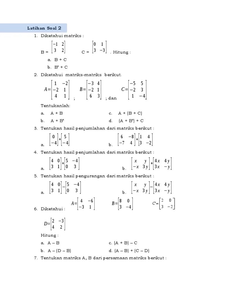 Latihan PENJUMLAHAN DAN PENGURANGAN MATRIKS | PDF