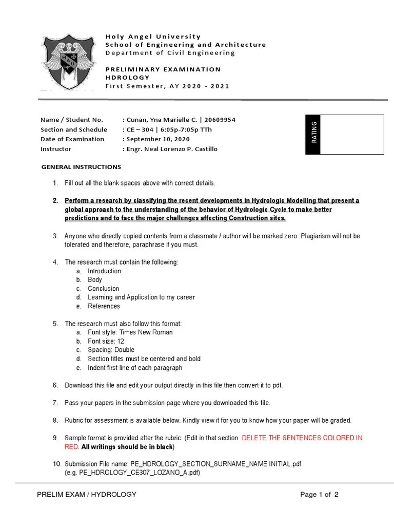 Delete The Sentences Colored in RED Prelim Exam / Hydrology Page 1 of