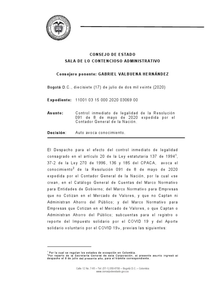 Auto Avoca Conocimiento Res 091 Covid 19 Articulo 1 Entidades Del