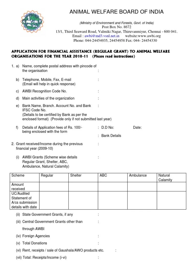 Application Form For Regular Grant From Animal Welfare Board PDF