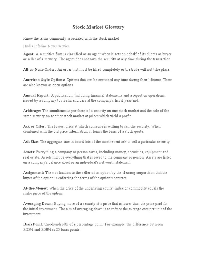 Glossary of Stock Market Terms PDF Stocks Securities (Finance)