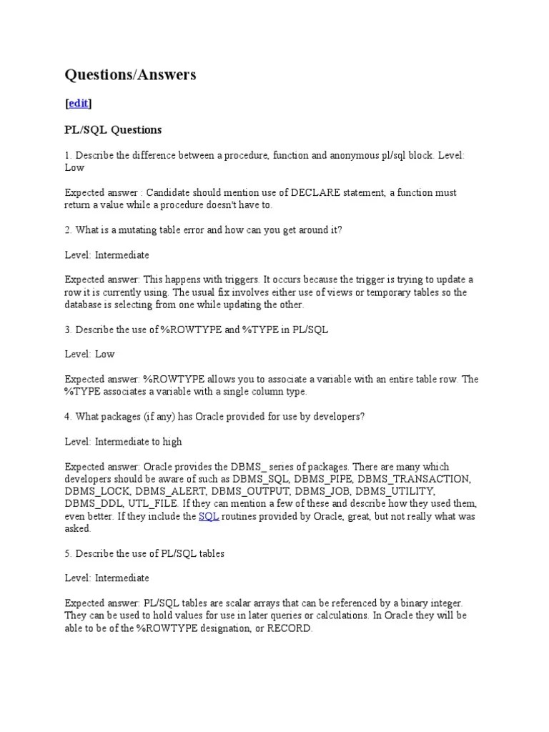 Oracle PLSQL interview Question and Answers Pl/Sql Information