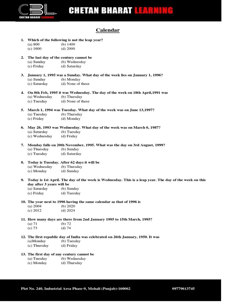 Calendars CSAT Reasoning PDF
