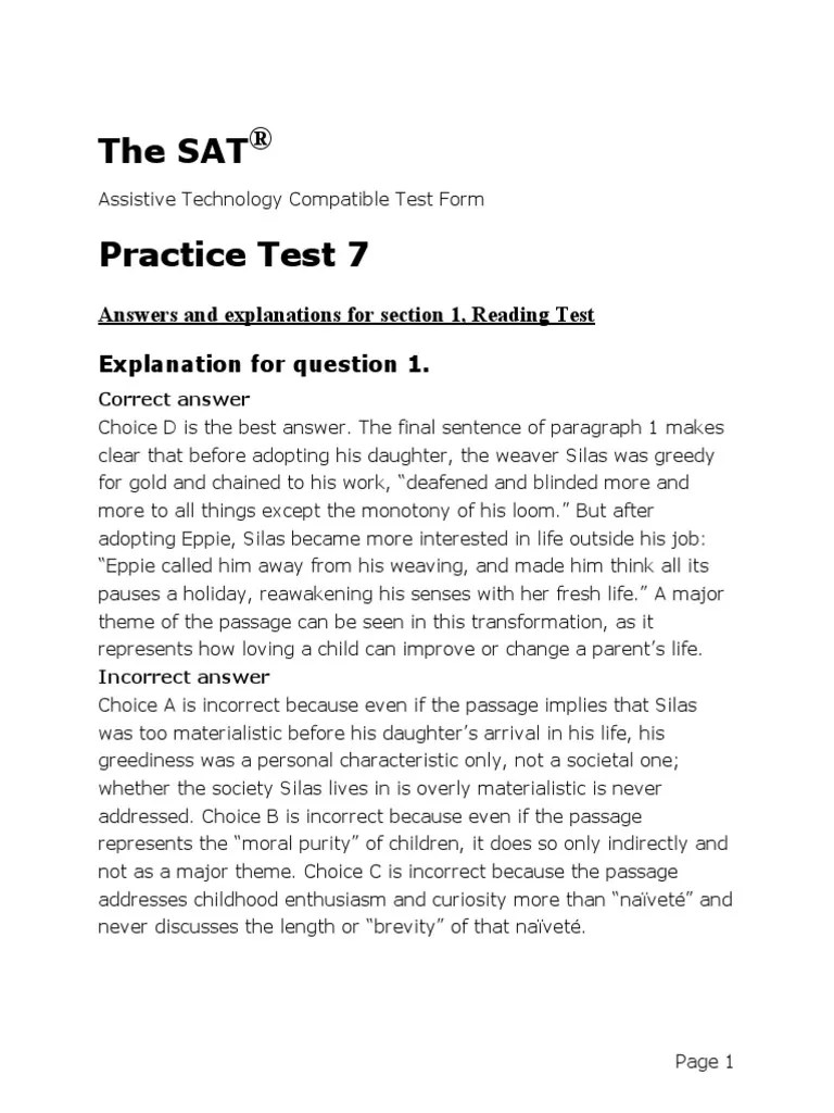 Sat Practice Test 7 Reading Answers Assistive Technology PDF Higgs
