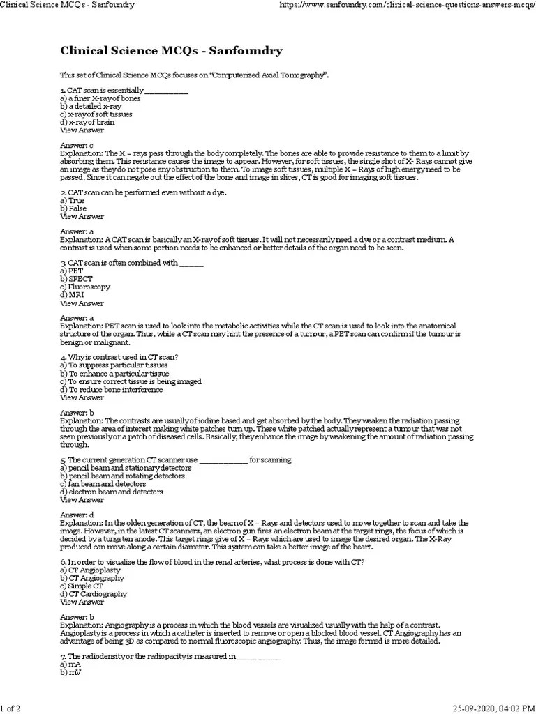 Clinical Science MCQs Sanfoundry PDF PDF Ct Scan Angiography