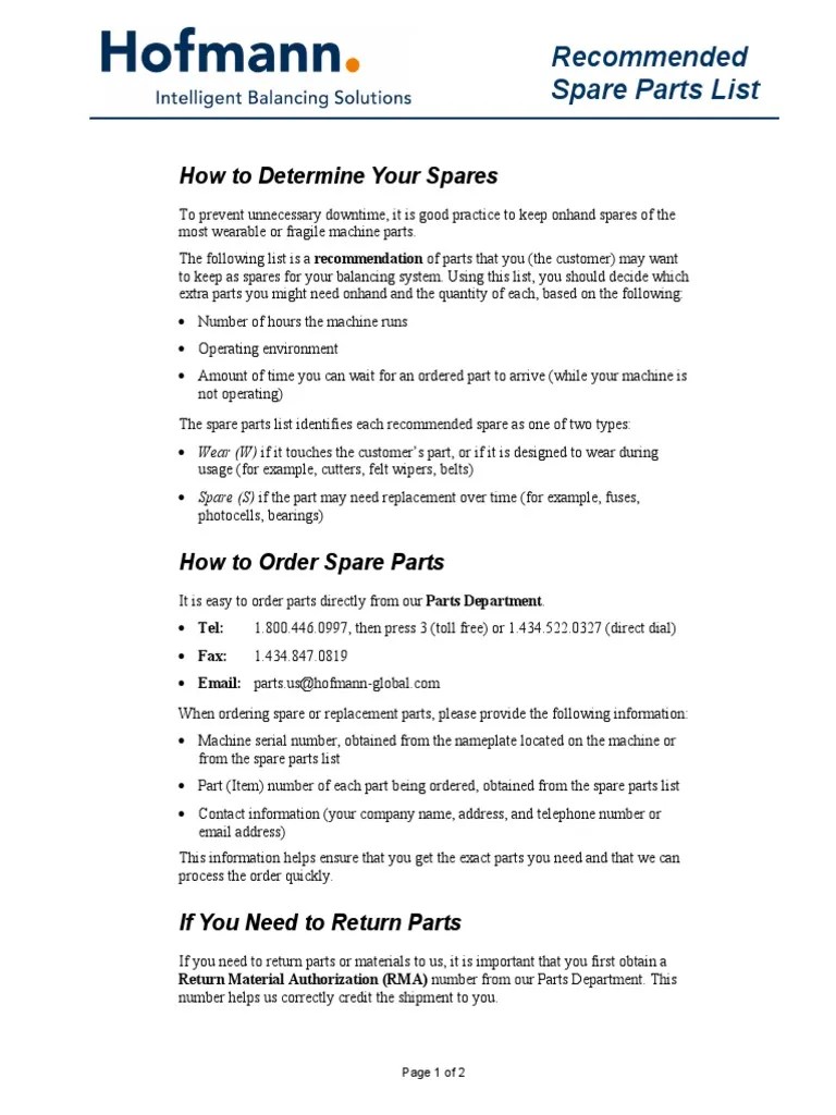 Spare Parts List How To Determine Your Spares PDF Belt