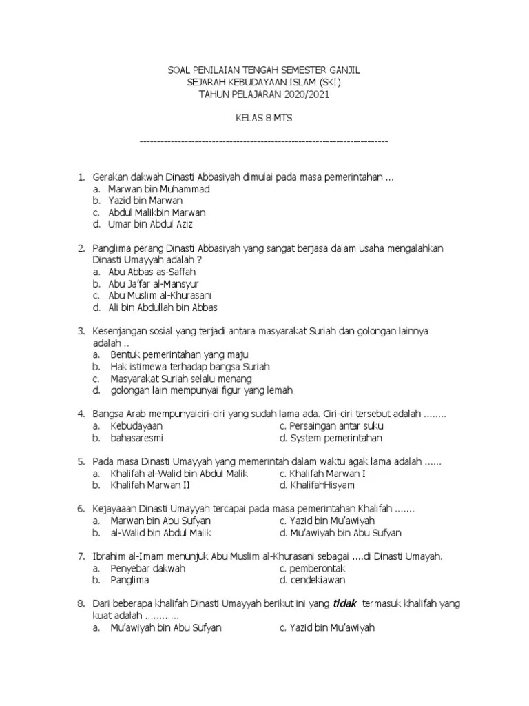 SOAL PTS SKI KELAS 8 SEMESTER 1 TAHUN 2020 - Kamimadrasah | PDF